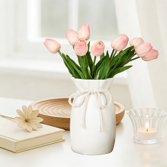 Beautynvta Unbreakable Vase for Flowers, Imitation Ceramic Plastic Vase with Bow, Decorative Flower Vase for Living Room, Table, Home Decor, 9.6x4.9x4.9 Inch