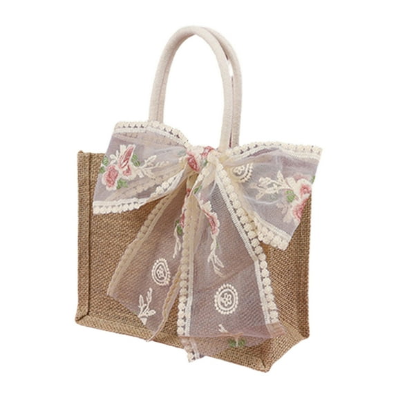 Beautynvta Valentine's Day Gift Bag with Handles, Beige Linen Tote Bag with Lace Bow, Reusable Burlap Gift Bag for Women Valentines Wedding Bridesmaid Gift, 8.7''x4''x6.7''