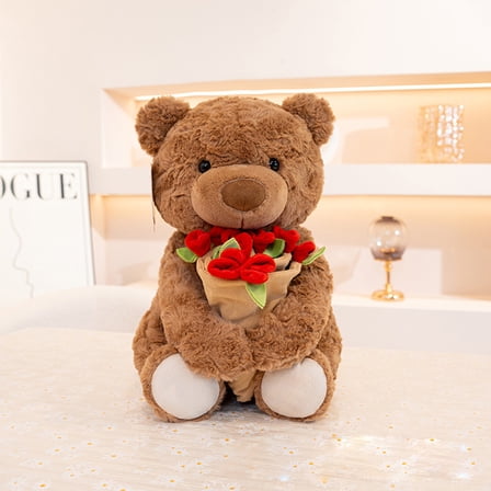Beautynvta Valentine's Day Gifts, 10'' Cute Stuffed Teddy Bear Doll with Red Rose Bouquet, Soft Plush Animal Toys for Girlfriend Wife Mom