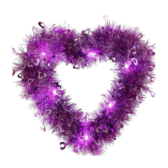 Beautynvta Valentine's Day Wreath with LED Lights, 12'' Heart Shaped Tinsel Wreath with Love Heart Sequins for Front Door Wedding Engagement Anniversary Valentines Decorations