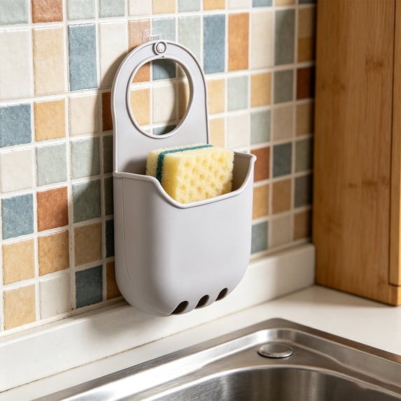 Beautynvta Wall-Mounted Kitchen Sink Caddy, Plastic Drainage Basket, No-Drill Sponge and Brush Holder for Kitchen Organization
