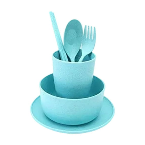 Beautynvta Wheat Straw Dinnerware Sets of 6, Reusable Plates Bowls Cups Spoon Fork Chopsticks, Lightweight Unbreakable Plastic Dinnerware, Portable Home Going Out Tableware Set, Green