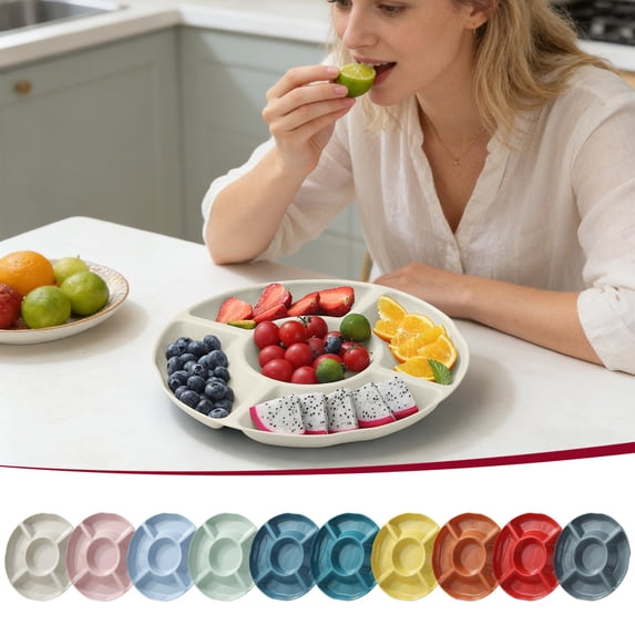 Beautynvta Wheat Straw Fruit Tray, 5 Compartments Snack Plates, Round Divided Serving Plates, Multifunctional Food Platter for Snack, Candy, Dried Fruit, Veggies