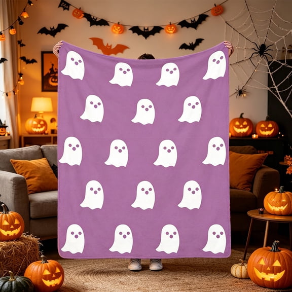 Beautynvta White Ghost Print Halloween Blanket, Soft Flannel Lightweight Throw Blanket, Ghost Pattern Cozy Decorative Blanket for Office Sofa Bed Halloween Decor