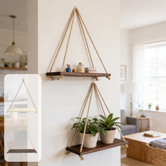Beautynvta Wooden Hanging Shelf Decoration, Swing Rope Rustic Floating Shelf, Wall Display Shelf Home Organizer Rack for Living Room Bedroom Bathroom Kitchen