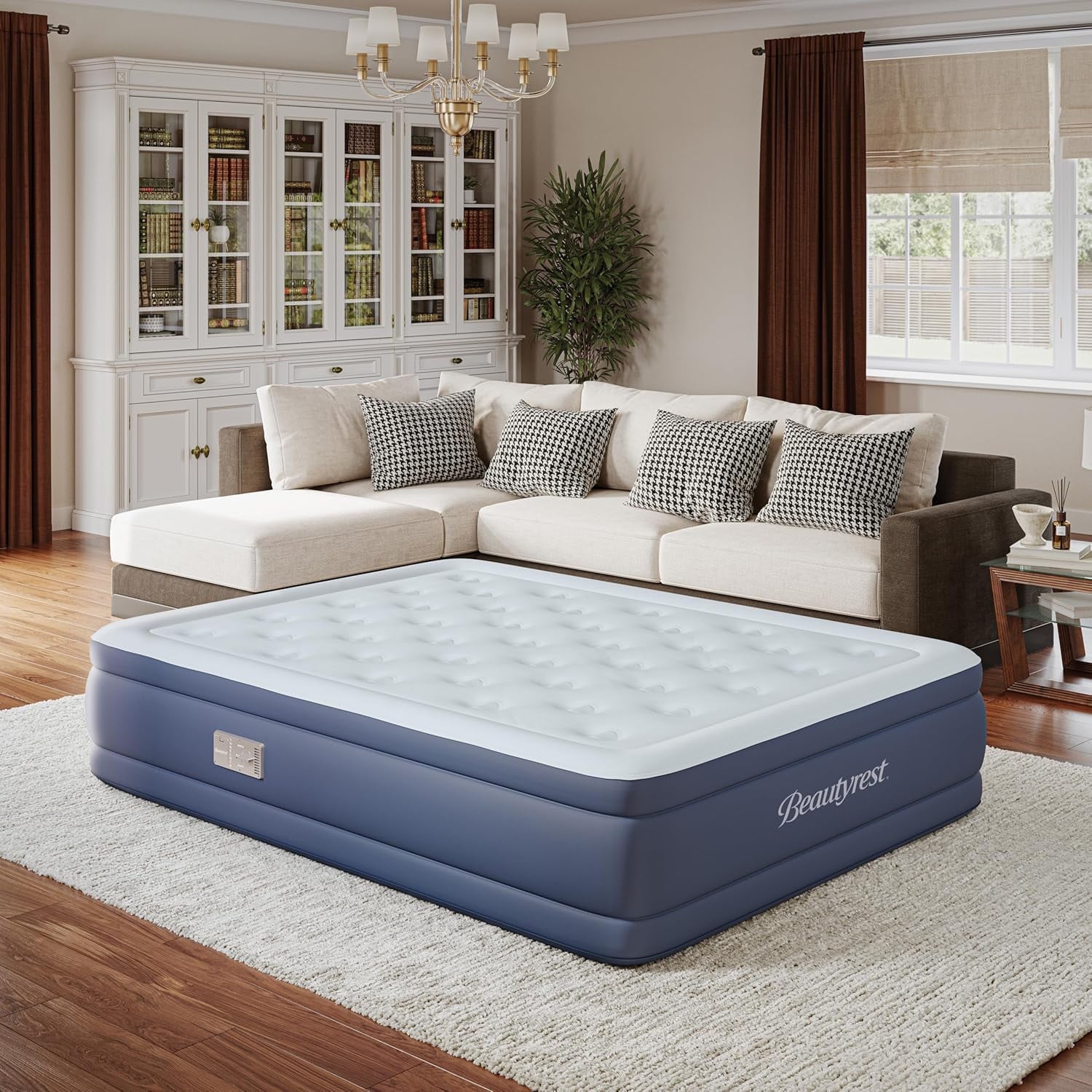 California King Blue and White Adjustable Air Mattress with Built-in Pump