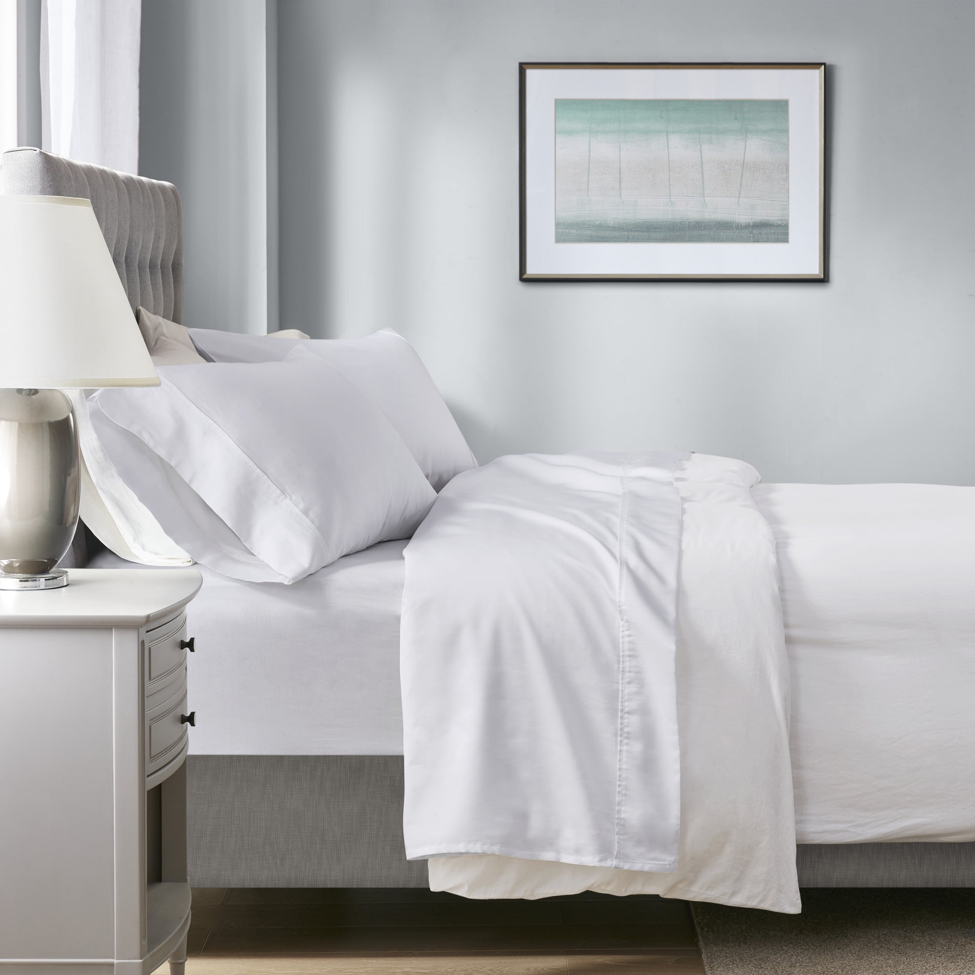Queen White Cotton Blend Sateen 4-Piece Sheet Set