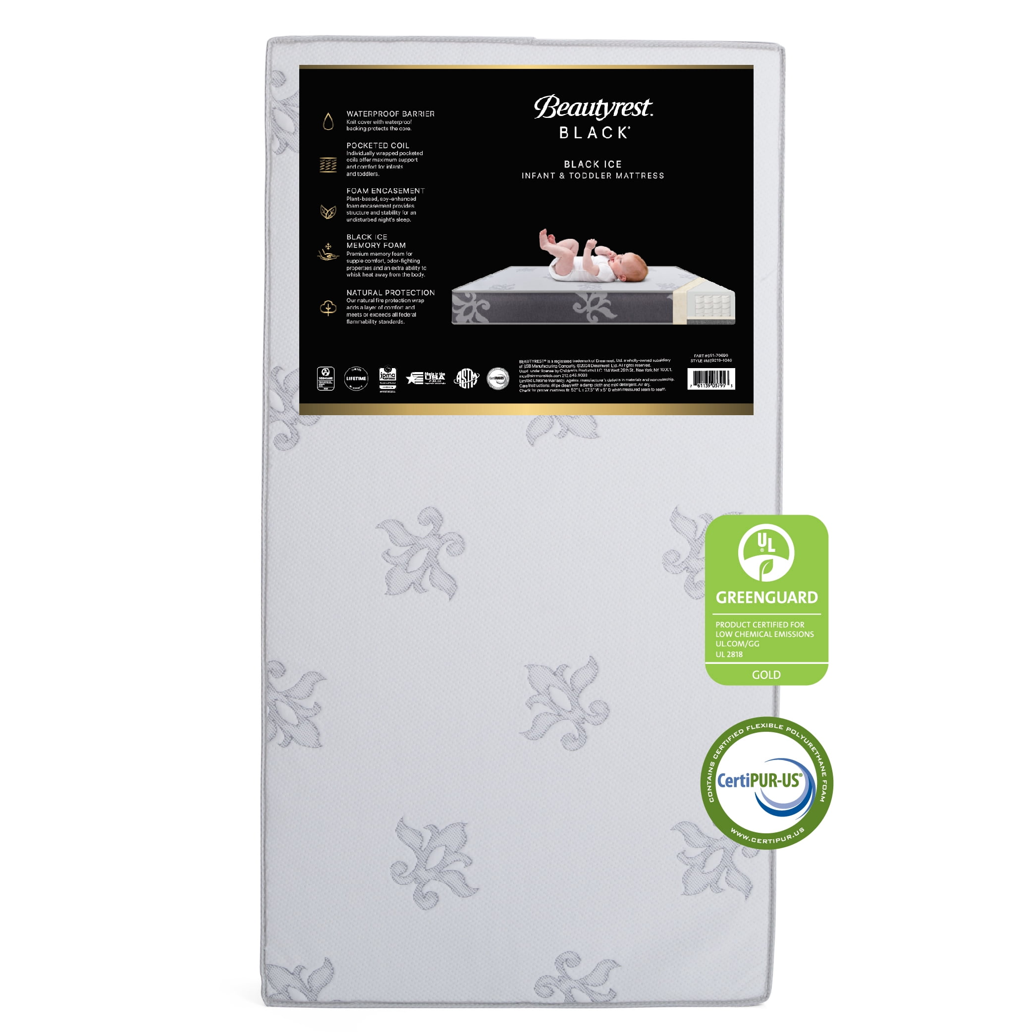 Beautyrest Black BlackICE 2-Stage Premium Crib and Toddler Mattress - CertiPUR-US Certified/Greenguard Gold Certified - Waterproof - Cooling Memory Foam, White/Grey