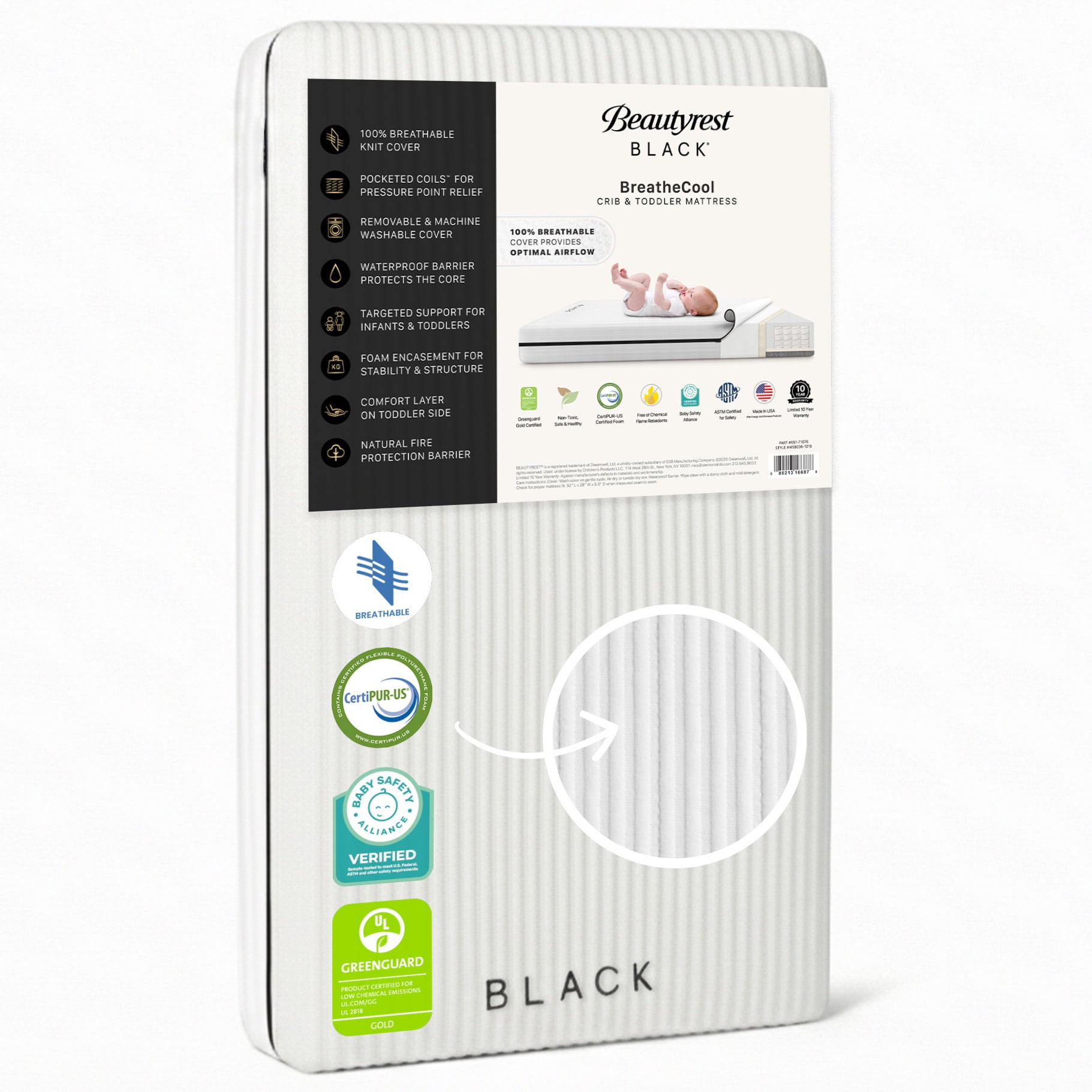Beautyrest Black BreatheCool 2-Stage Crib and Toddler Mattress - Breathable & Machine Washable Cover - GREENGUARD Gold – Waterproof, White