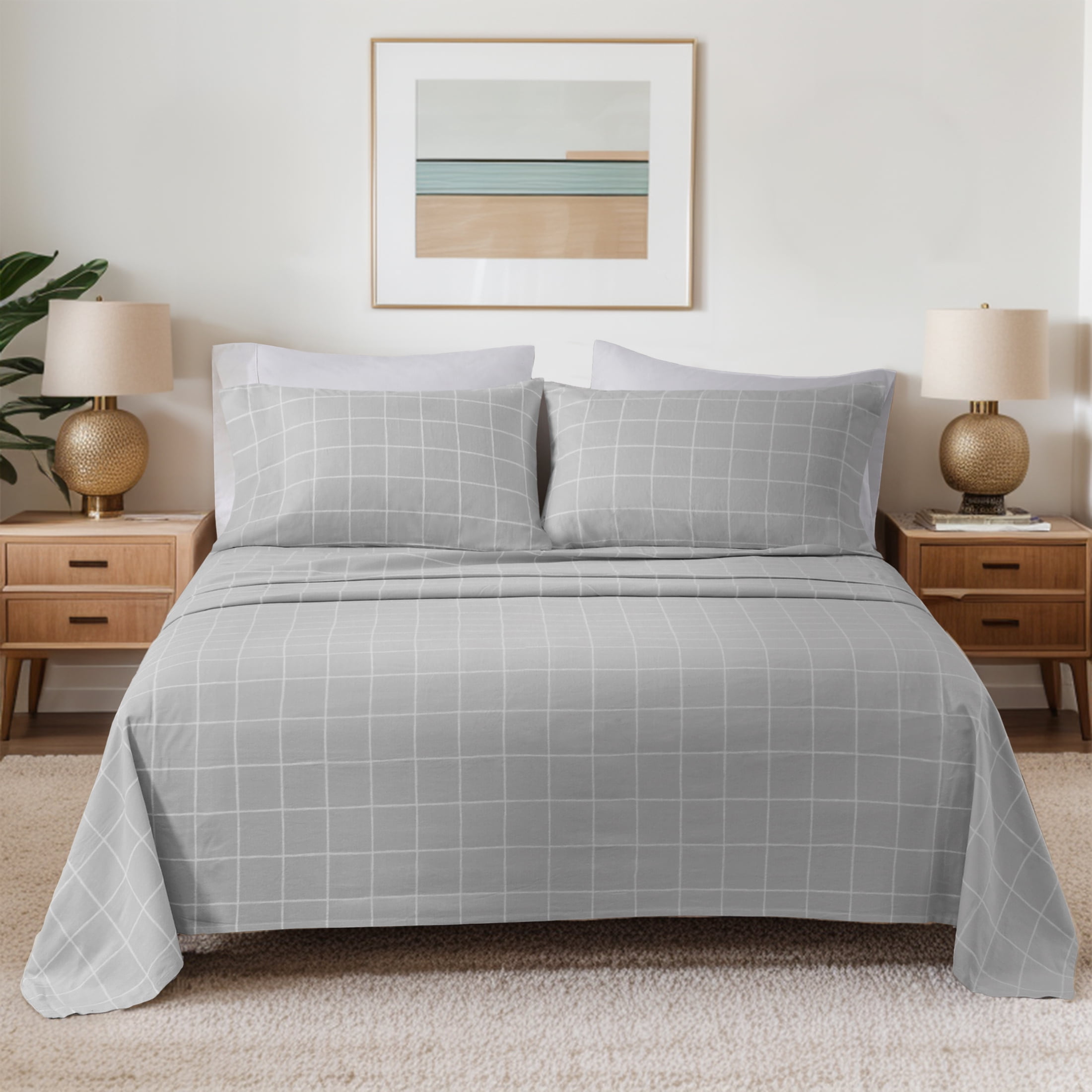 California King Grey Windowpane Cotton Flannel Sheet Set