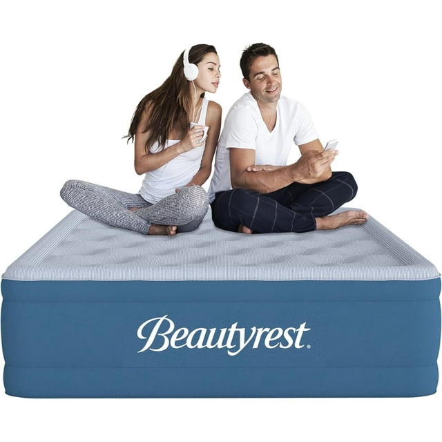Beautyrest Comfort Plus 18 in. Queen Size Air Mattress with Built In Pump, High Durability Blow Up Mattress for Guests, Camping, Travel - Plush Cooling Topper, 3-Year Pump Warranty