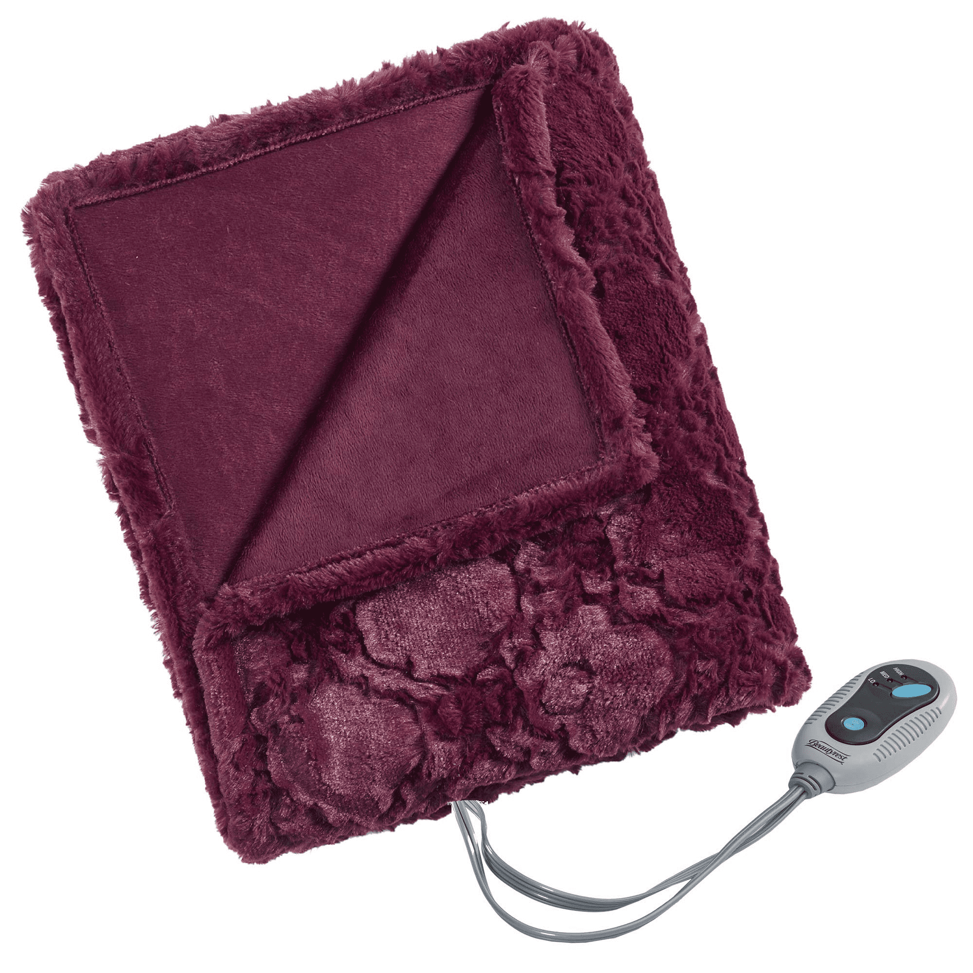 Beautyrest Electric Throw Heated Blanket Brushed Long Fur Burgundy