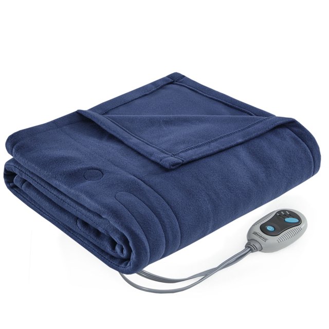 "Beautyrest Plush Warm Cozy Fleece Heated Throw, 3 Heat Levels, Navy