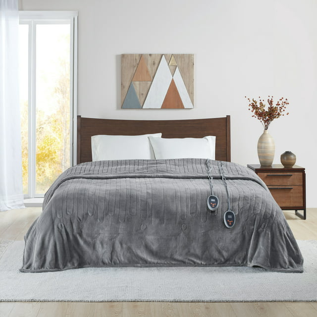 Beautyrest Heated Microlight to Berber Solid Blanket, King, Grey