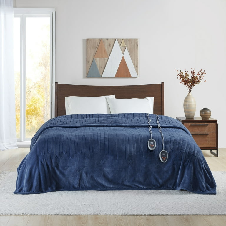 Beautyrest Heated Microlight to Berber Solid Blanket King Indigo