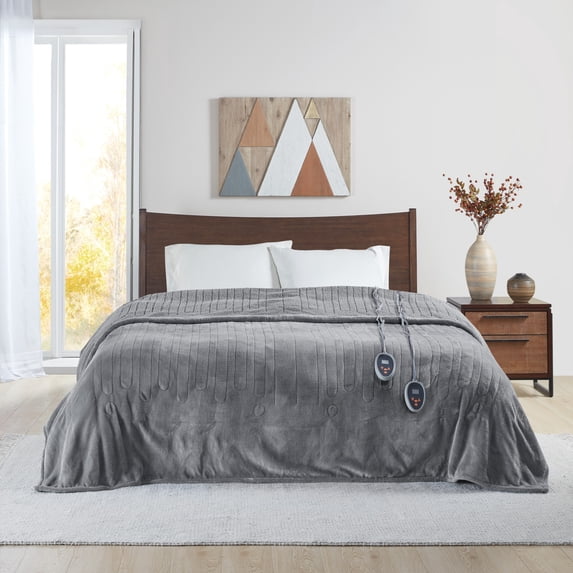 Beautyrest Heated Microlight to Berber Solid Blanket, Twin, Grey