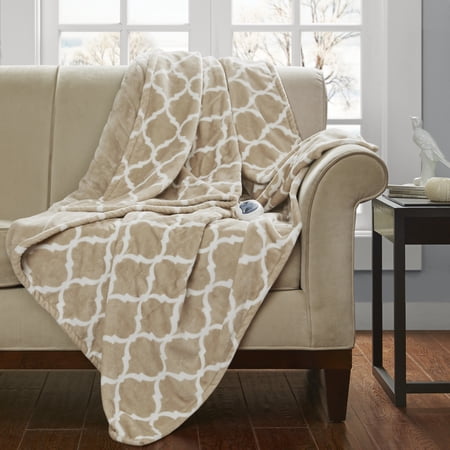 Beautyrest Heated Ogee Oversized 60x70 Electric Throw Blanket, Tan, 2 HR Auto Shutoff