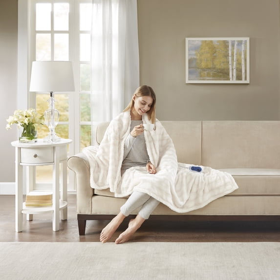 Beautyrest Oversized Faux Fur Electric Heated Throw, 50x70", Ivory