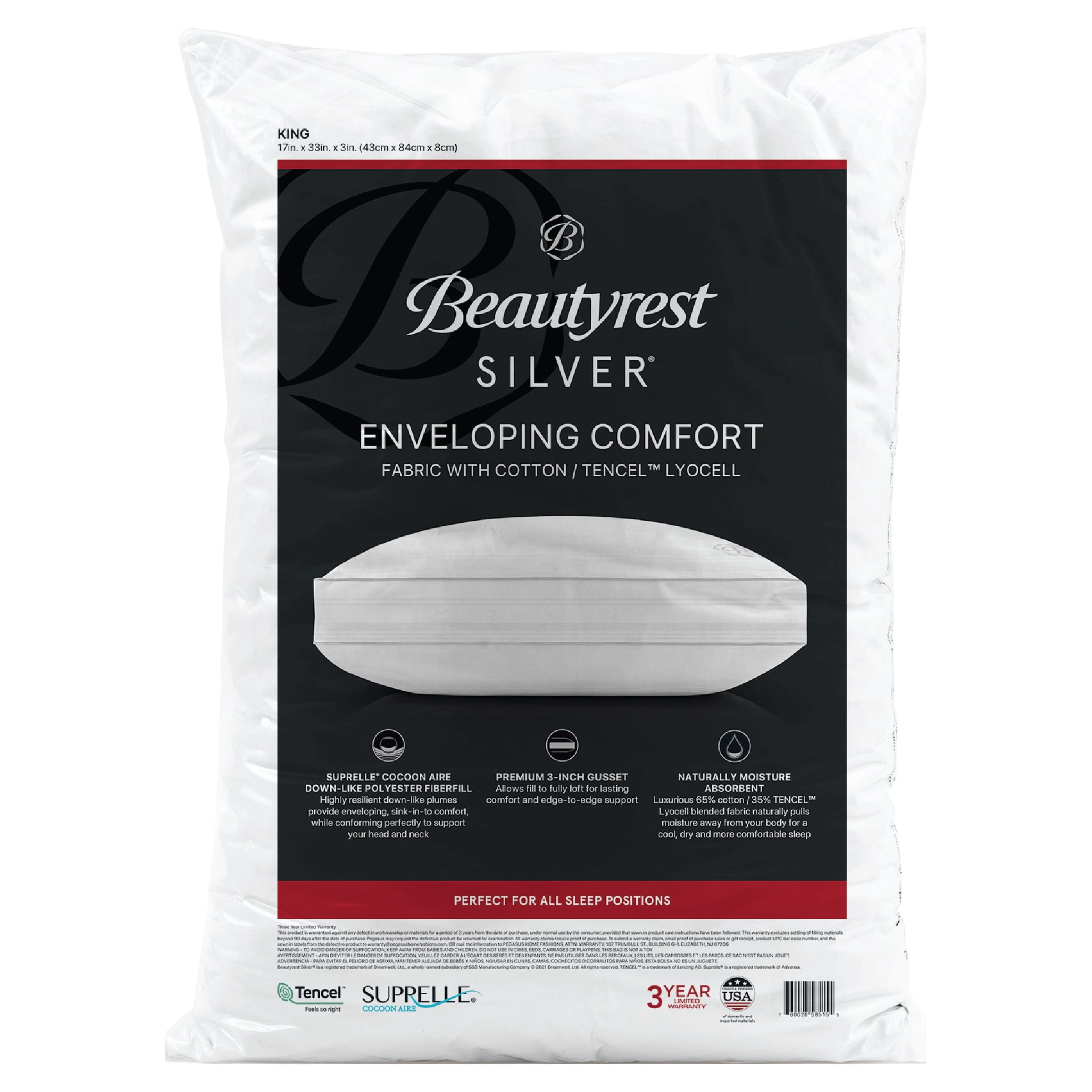 Beautyrest Silver Enveloping Comfort Down Alternative Bed Pillow with ...
