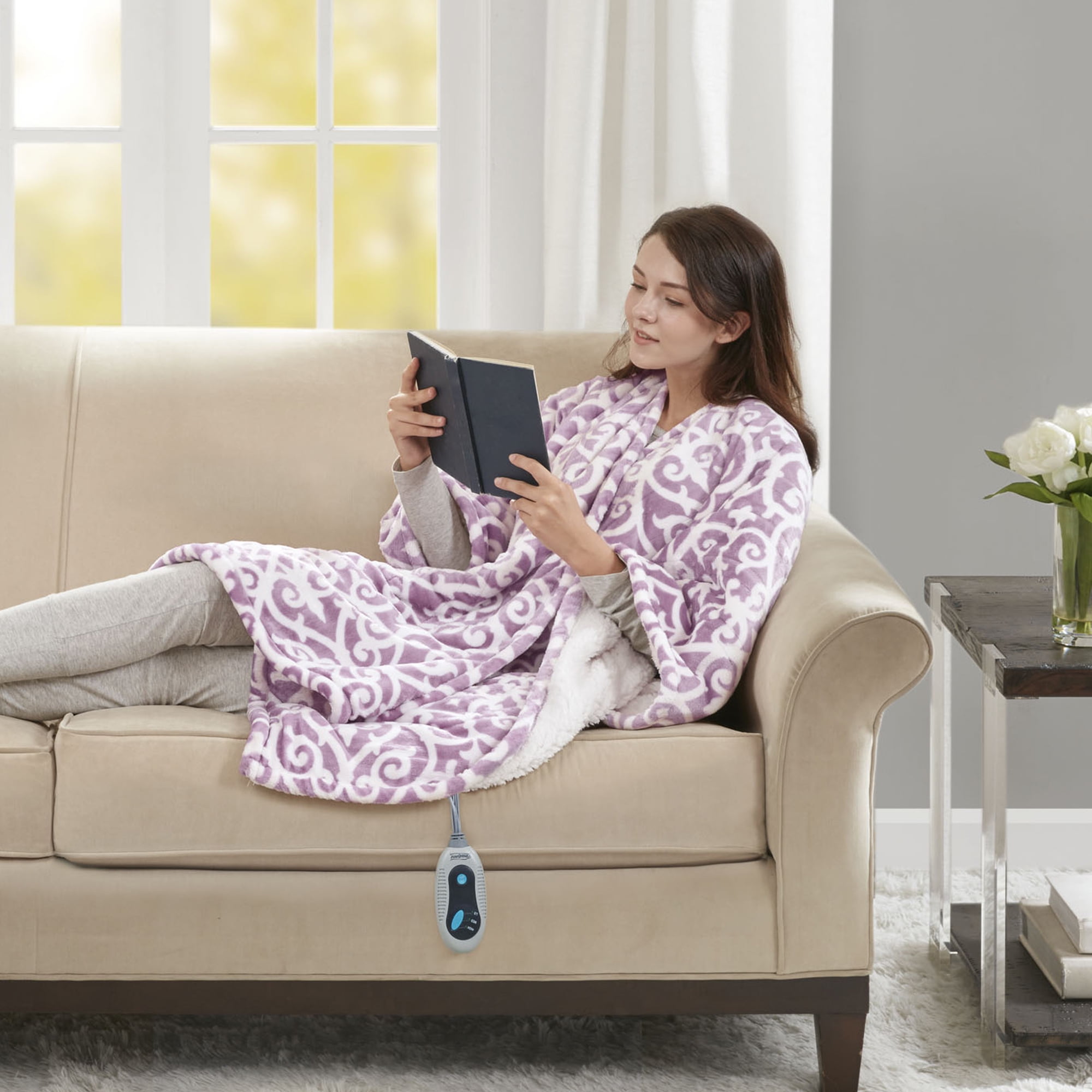 Beautyrest Soft Sherpa Fleece Electric Throw Heated Blanket Wrap with Auto Shutoff Lavendar