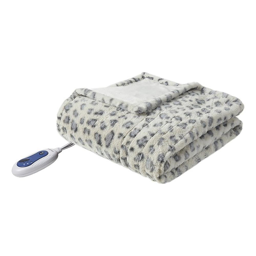 Gray Faux Fur Reversible Heated Electric Throw Blanket