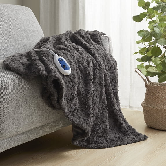 Beautyrest Zuri 50x70" Modern Solid Faux Fur Fabric Heated Throw in Dark Gray
