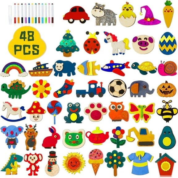 Beautysureup 48 Pack Wooden Magnets, DIY Art Craft Painting Kit for Kids Ages 3-12, Decorate Creativity Goodie Bag Supplies Gift for Glow in The Dark Party Favors, Christmas, Birthday, Easter