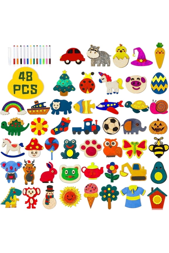 48 Pack Wooden Magnets, DIY Art Craft Painting Kit for Kids Ages 3-12, Decorate Creativity Goodie Bag Supplies Gift for Glow in The Dark Party Favors, Christmas, Birthday, Easter