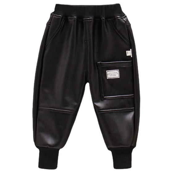 Beautyzll 2-14T Kids Boys Winter Fall Leather Pants Toddler Baby Youth Solid Color Thick Fleece Lined Faux Leather Trouser