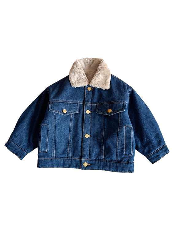 2-7T Kids Toddler Girls Boys Denim Jacket Outerwear Faux Fur Thicken Fleece Lined Jean Coat Plush Winter Outwear Snowsuit