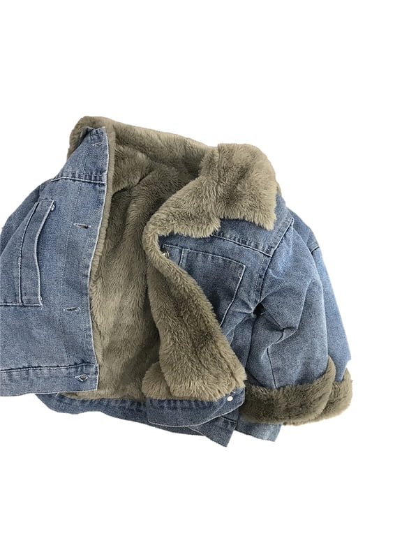 2-9T Kids Toddler Boys Denim Jacket Outerwear Faux Fur Thicken Fleece Lined Jean Coat Plush Winter Outwear Snowsuit