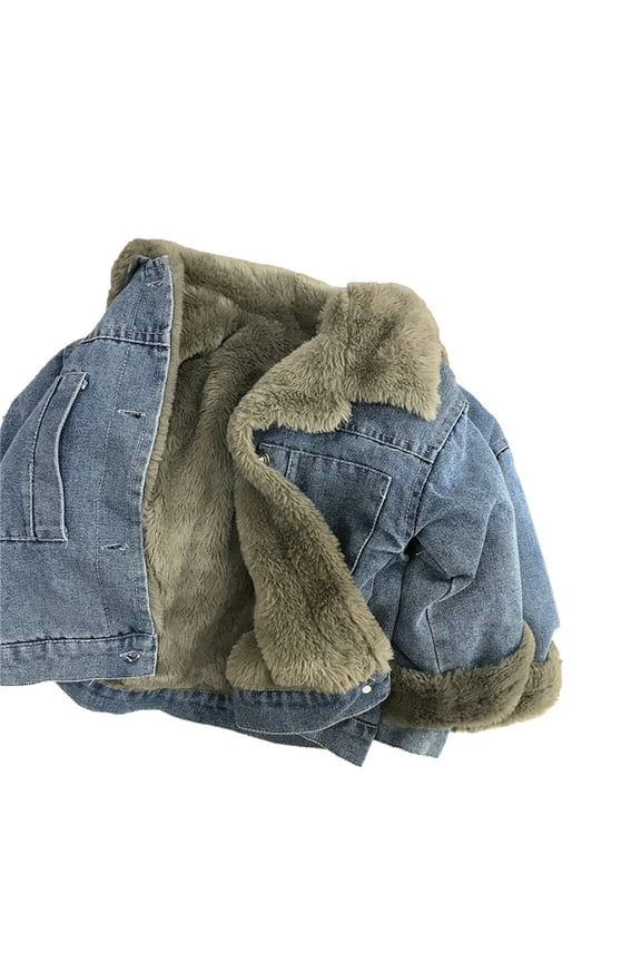 2-9T Kids Toddler Boys Denim Jacket Outerwear Faux Fur Thicken Fleece Lined Jean Coat Plush Winter Outwear Snowsuit
