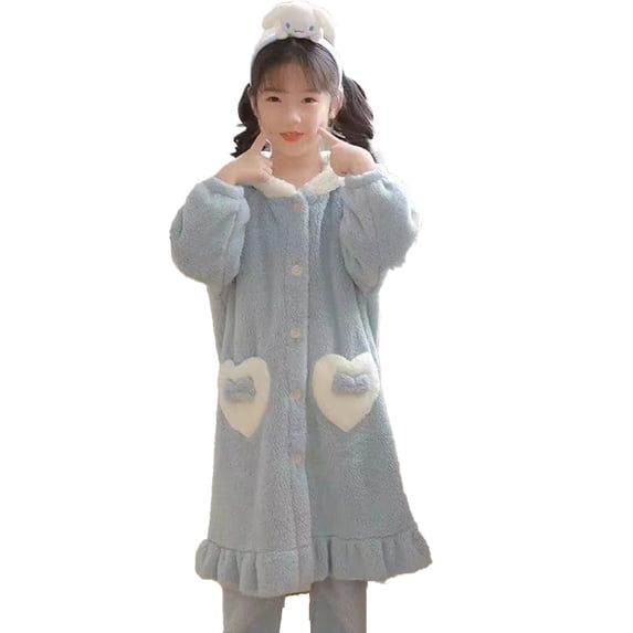 Beautyzll 6-15Y Kids Girls Thickened Hooded Bathrobe Soft Cozy Long Pajamas Robe with Belt