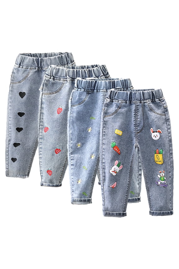 Baby Toddler Cartoon Denim Pants for Girls Basic Bootcut Jeans Pull on Slim Skinny Jeans,Size 1-5T