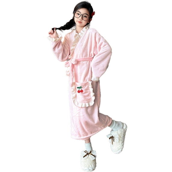 Beautyzll Kids Girls Fleece Hooded Bathrobe S-2XL Soft Cozy Long Robes Warm Long-Length Pajamas