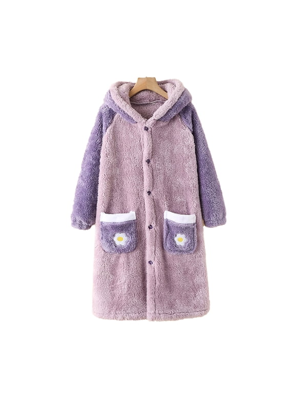 Kids Girls Fleece Hooded Bathrobe Soft Cozy Long Robes Warm Long-Length Pajamas with Hoods 6-15T