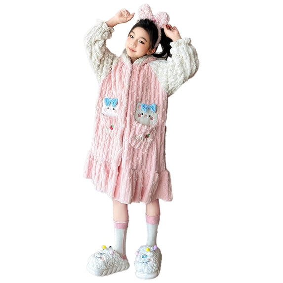 Beautyzll Kids Girls Fleece Hooded Bathrobe Soft Cozy Long Robes Warm Long-Length Pajamas with Hoods 6-16T