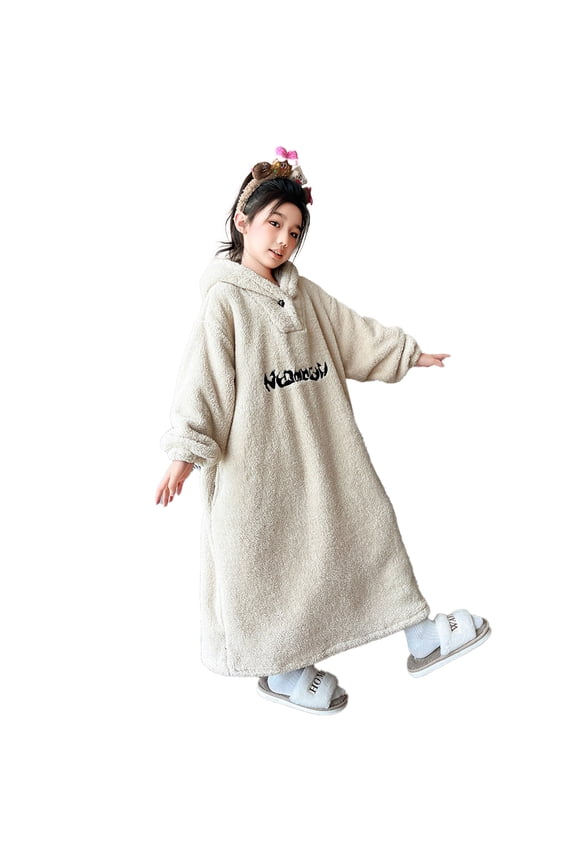 Kids Girls Fleece Hooded Bathrobe Soft Cozy Long Robes Warm Long-Length Pajamas with Hoods S/M/L
