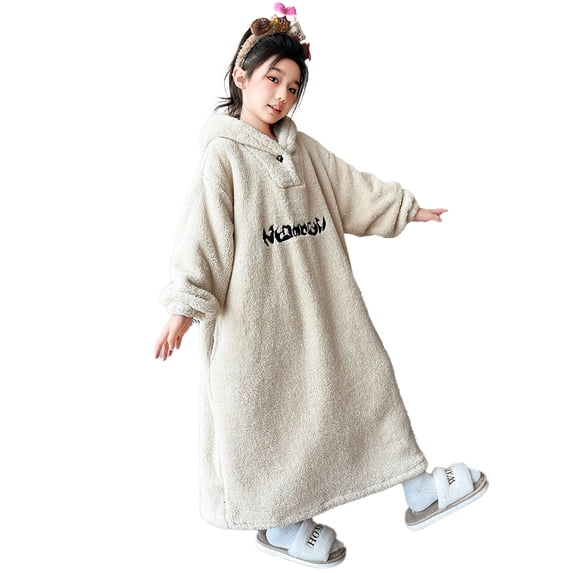 Beautyzll Kids Girls Fleece Hooded Bathrobe Soft Cozy Long Robes Warm Long-Length Pajamas with Hoods S/M/L