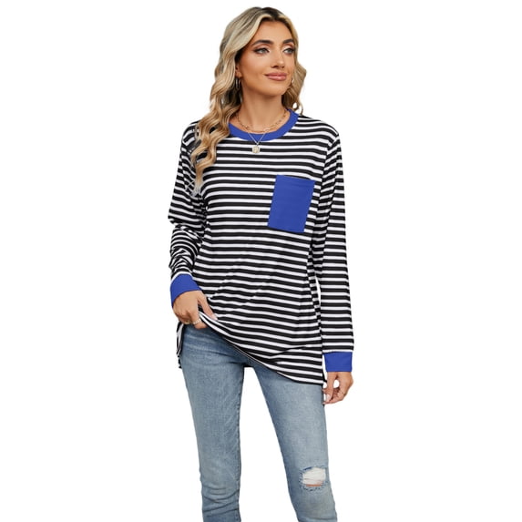 Beautyzll S-2XL Womens Crewneck T Shirt Casual Loose Fitting Stripes Tops Long Sleeve Sweatshirt