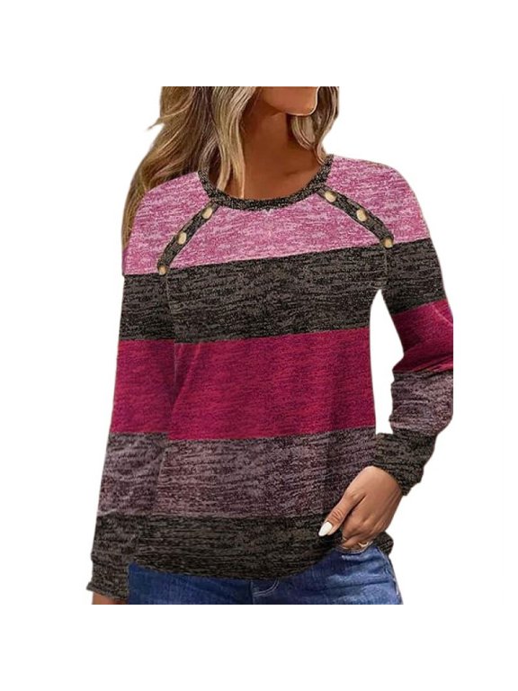 S-2XL Womens Long Sleeve T-Shirt Color-Block Casual Pullover Shirts Stretchy Loose Fit Sweatshirt