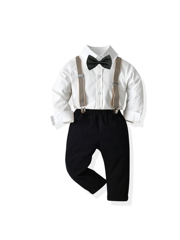Toddler Kids Boys Gentleman Suits Outfits,Baby Long Sleeve Shirt Party Clothes Set+ Suspender Pants +Bow Tie 1-6Y
