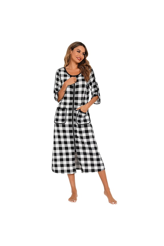 Womens Cotton Nightgowns Soft Plaid House Dress Long Sleeve Sleep Shirts Fall Sleepwear Pajama Dress Nightshirt S-2XL