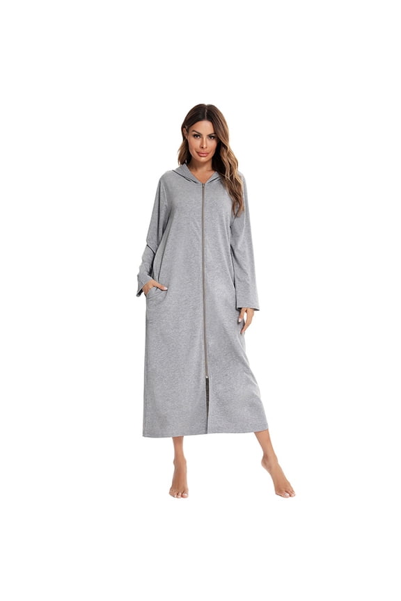 Womens Long Sleeve Bathrobe Nightgowns Soft Zip up Cotton Night Shirts Sleepwear Robe Night Gown Sleep Shirt Pajama Dress S-2XL
