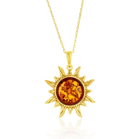 Beaux Bijoux 14K Gold Plated Sterling Silver Natural Amber Necklace - Natural Gemstone Jewelry - Genuine Amber Necklace for Women - Amber Sun Pendant Necklace
