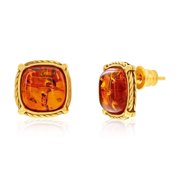 Beaux Bijoux 14k Gold Plated Sterling Silver Natural Amber Earrings - Natural Gemstone Jewelry - Genuine Amber Earrings for Women - Square Amber Stud Earrings