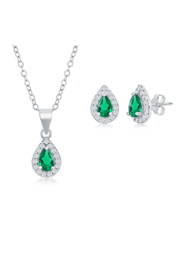 5mm x 3mm Pear-Shaped Emerald Pendant Necklace and Earrings Set, Sterling Silver Jewelry for Women or Teens