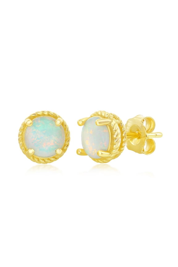 9mm Created White Opal with Rope Design Border Halo Stud Earrings 14K Gold Plated Sterling Silver Jewelry for Women or Teens