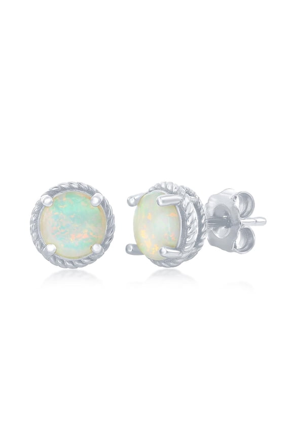9mm Created White Opal with Rope Design Border Halo Stud Earrings Sterling Silver Jewelry for Women or Teens