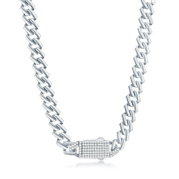 Beaux Bijoux 9mm Monaco Bracelet and Necklace Chain 24”with Micro-Pave Simulated Diamond CZ Safety Box Lock Sterling Silver Jewelry for Men and Unisex
